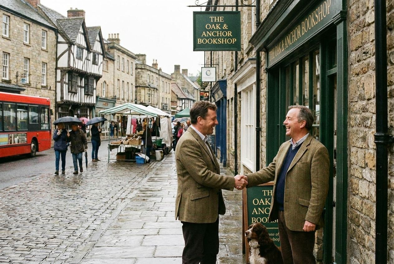 A candid photograph of two friendly people, perhaps a customer and a shopkeeper, exchanging polite greetings and warm smiles in a charming, traditional British high street. The scene is bustling with everyday life, capturing a moment of genuine, polite interaction against a backdrop of classic British architecture, bathed in soft, natural light, composed for a 3:2 landscape frame.