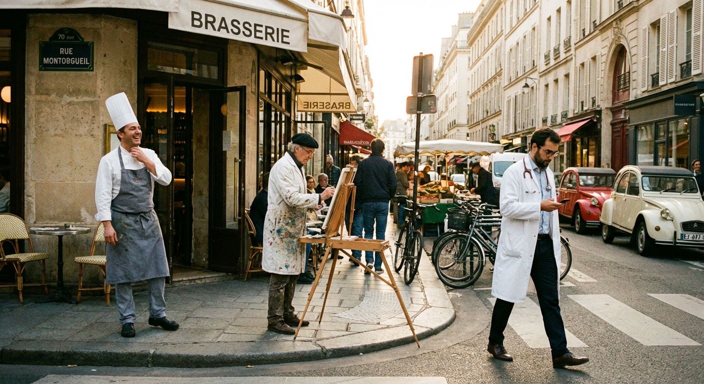 The image is a candid street shot with a warm, slightly desaturated color palette, lending a nostalgic feel. The location is a bustling Parisian street, indicated by the "Brasserie" sign and French architecture. In the foreground, a smiling chef stands in front of the restaurant, while an artist paints nearby. A doctor is crossing the crosswalk, looking at his phone. The street is lined with shops, awnings, bicycles, and parked vintage cars. The composition is well-balanced, capturing the dynamic energy of city life and the intersection of different professions in an urban setting.