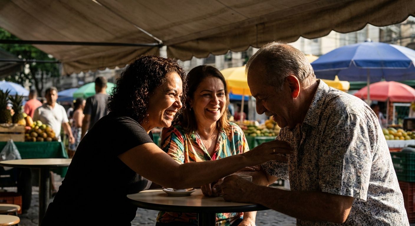 A vibrant, close-up photograph capturing two or three animated Brazilian people deeply engaged in a lively conversation. Their expressive faces, eye contact, and subtle gestures convey connection, understanding, and agreement, set against the blurred, bustling backdrop of a sunlit Brazilian street market or cafe. Dramatic lighting.