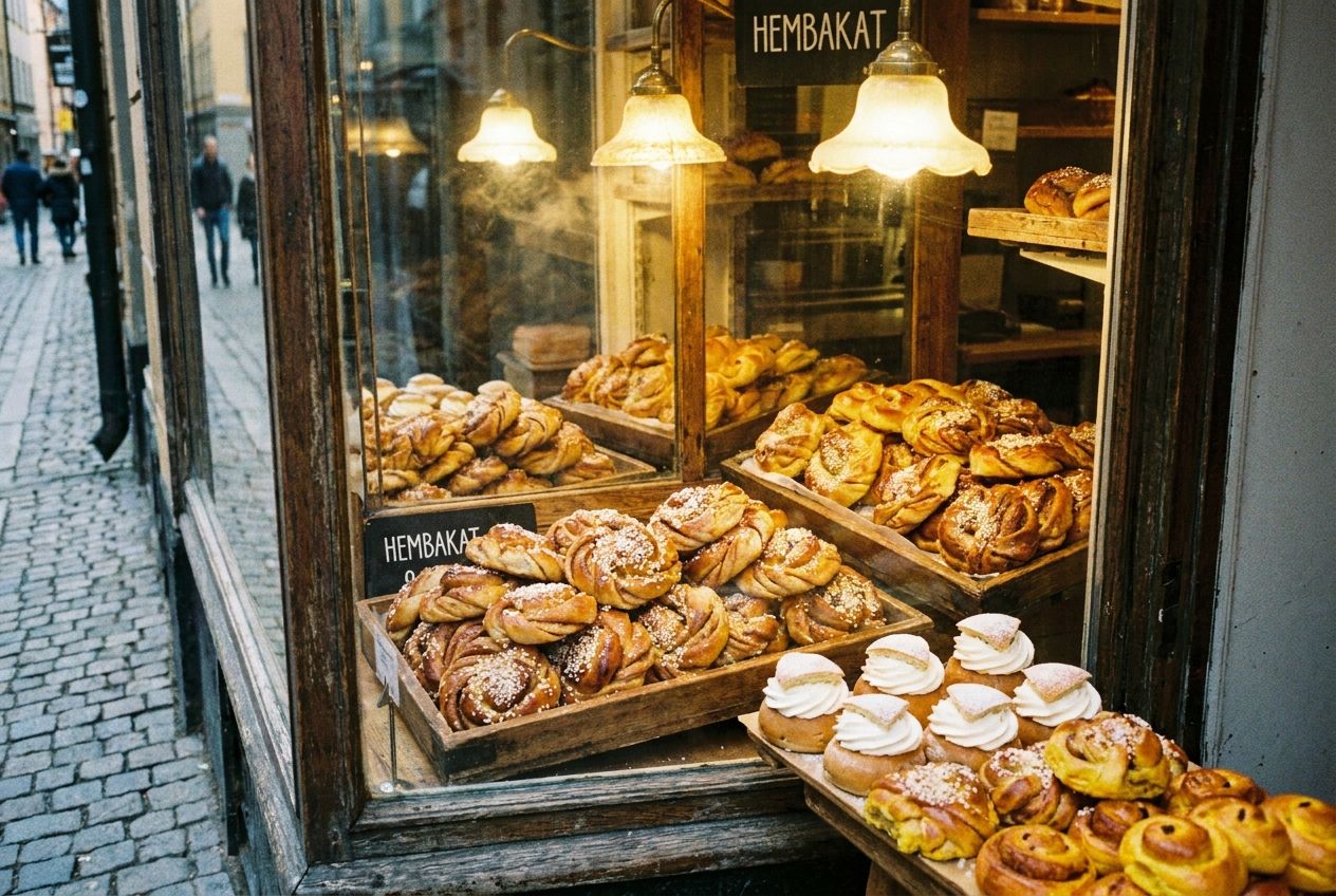 A close-up, vibrant photograph of a beautiful display of many freshly baked kanelbullar (cinnamon buns) and other traditional Swedish pastries arranged artfully on trays in a charming bakery window, under warm, inviting light, composed for a 3:2 landscape frame.