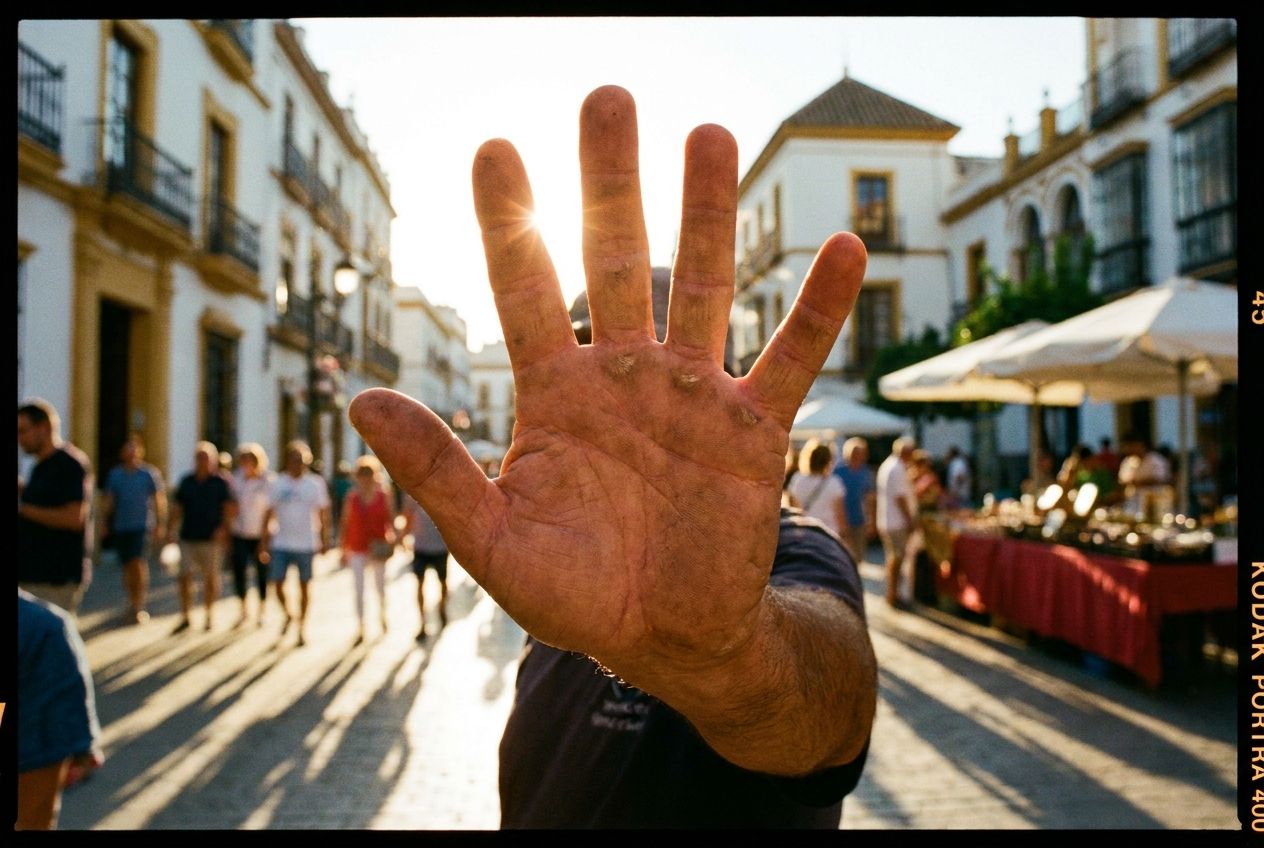A dramatic close-up photograph of a hand making a clear 'stop' or 'no' gesture, palm facing the viewer, set against a vibrant, sun-drenched backdrop of a bustling Spanish street with traditional architecture and people, composed for a 3:2 landscape frame.