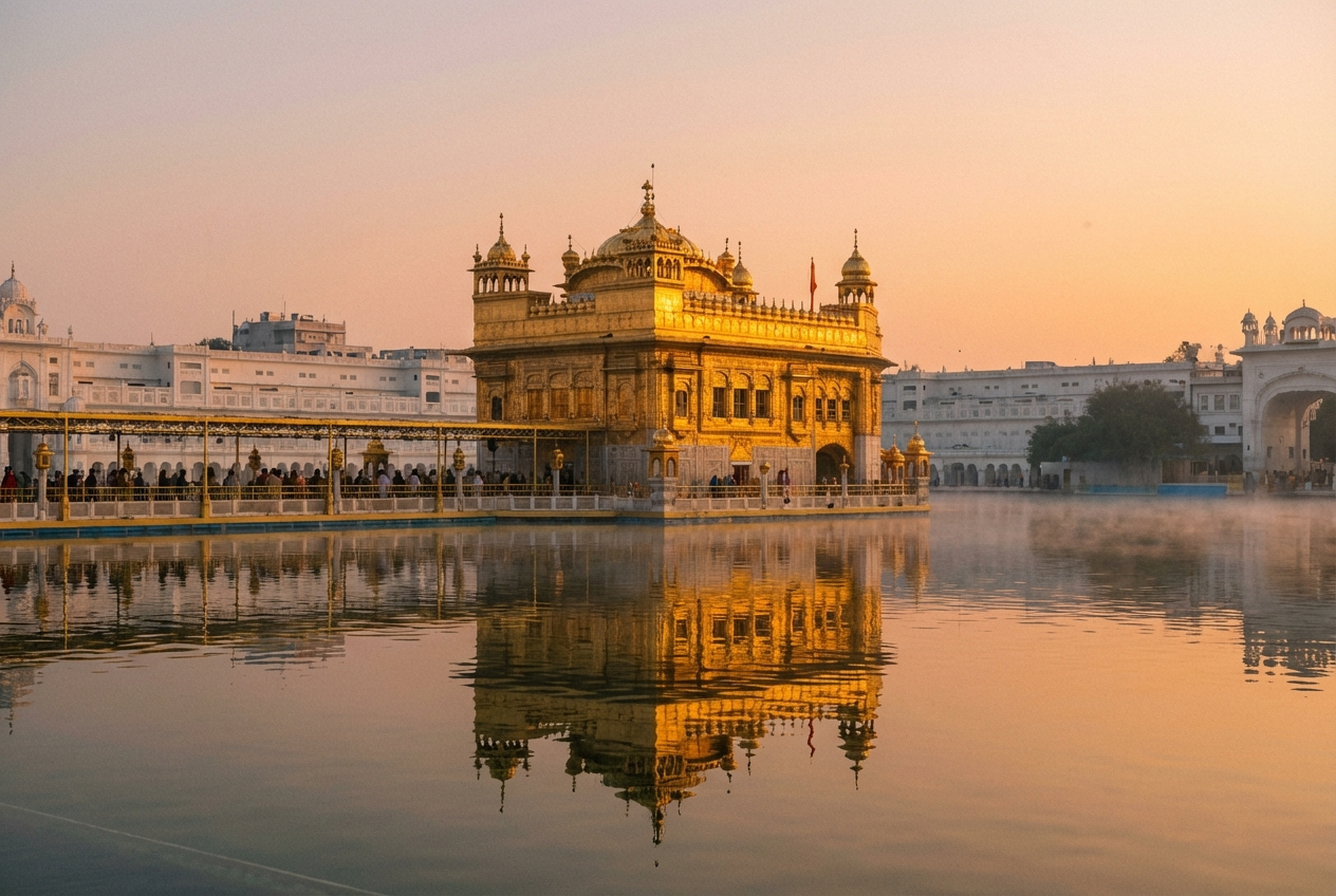 A stunning wide-angle photograph capturing the golden hour glow on the majestic Harmandir Sahib (Golden Temple) in Amritsar, India, with its reflection shimmering perfectly in the tranquil holy sarovar. The scene is bathed in soft, ethereal light, evoking peace and spiritual grandeur, composed for a 3:2 landscape frame.