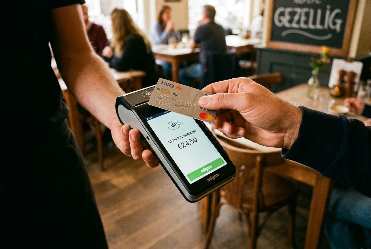 A close-up, dramatic photograph of a customer's hand tapping a debit card on a modern portable payment terminal, held by a server, in a bustling, cozy Dutch cafe. Soft, warm lighting illuminates the interaction, with the inviting cafe interior blurred in the background, composed for a 3:2 landscape frame.