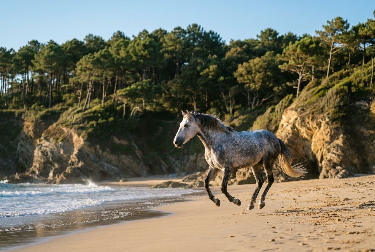 A majestic wild horse gallops along a pristine, sun-drenched beach on the French coast, with dramatic cliffs and a lush forest in the background under a clear blue sky. Professional landscape photograph, vivid colors, natural light, 3:2 landscape aspect ratio.