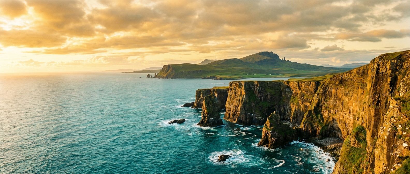 A dramatic wide-angle photograph of the rugged coastline of the Isle of Skye in Scotland, featuring towering sea cliffs plunging into the turquoise ocean. The scene is bathed in soft, golden hour light, with a vast sky above and subtle hints of green hills in the distance, conveying a sense of wild natural beauty.