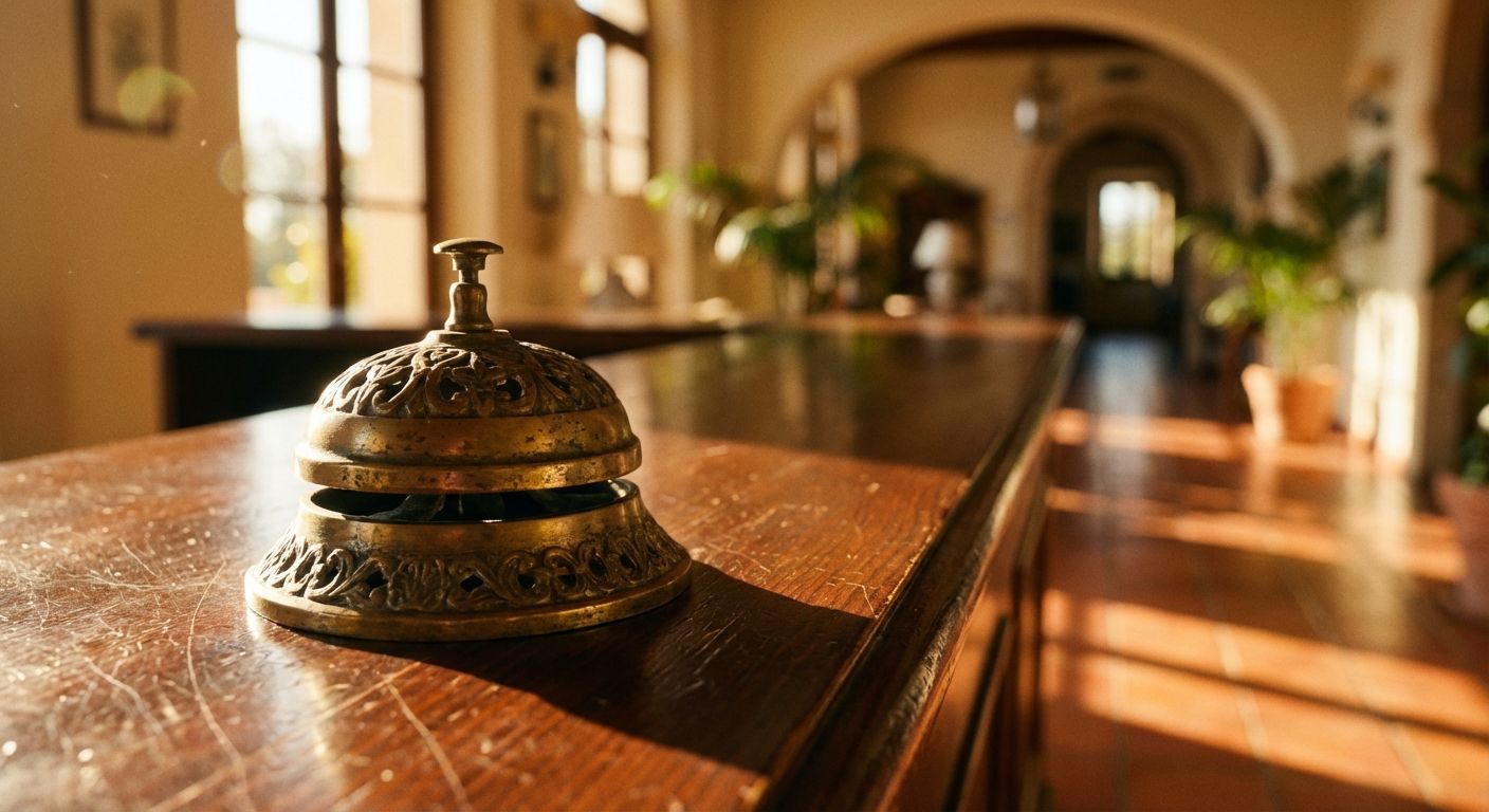 A cinematic close-up photograph of a vintage ornate brass hotel service bell resting on a polished dark wood reception desk. Warm, golden sunlight filters through a nearby window, creating a soft bokeh background of a sophisticated, sun-drenched Mediterranean hotel lobby.
