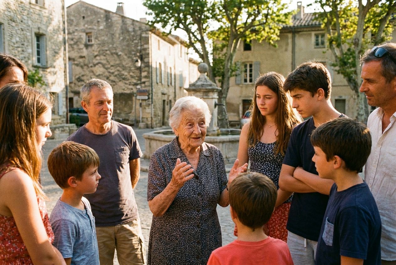 A warm, sun-drenched photograph captures an elderly French woman, her face full of character and a gentle smile, as she recounts a cherished memory to her multi-generational family gathered around her in a charming French village square. Children, teenagers, and adults listen attentively, bathed in golden hour light, composed for a 3:2 landscape.