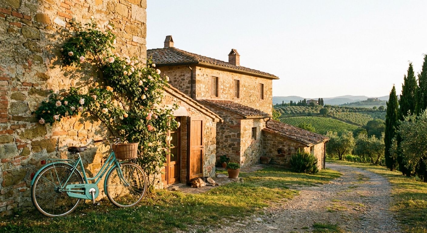 A golden hour photograph of a charming Italian agriturismo farmhouse nestled among rolling vineyards and olive groves in 'la campagna', with a classic bicycle leaning against a stone wall, evoking a serene and authentic holiday.