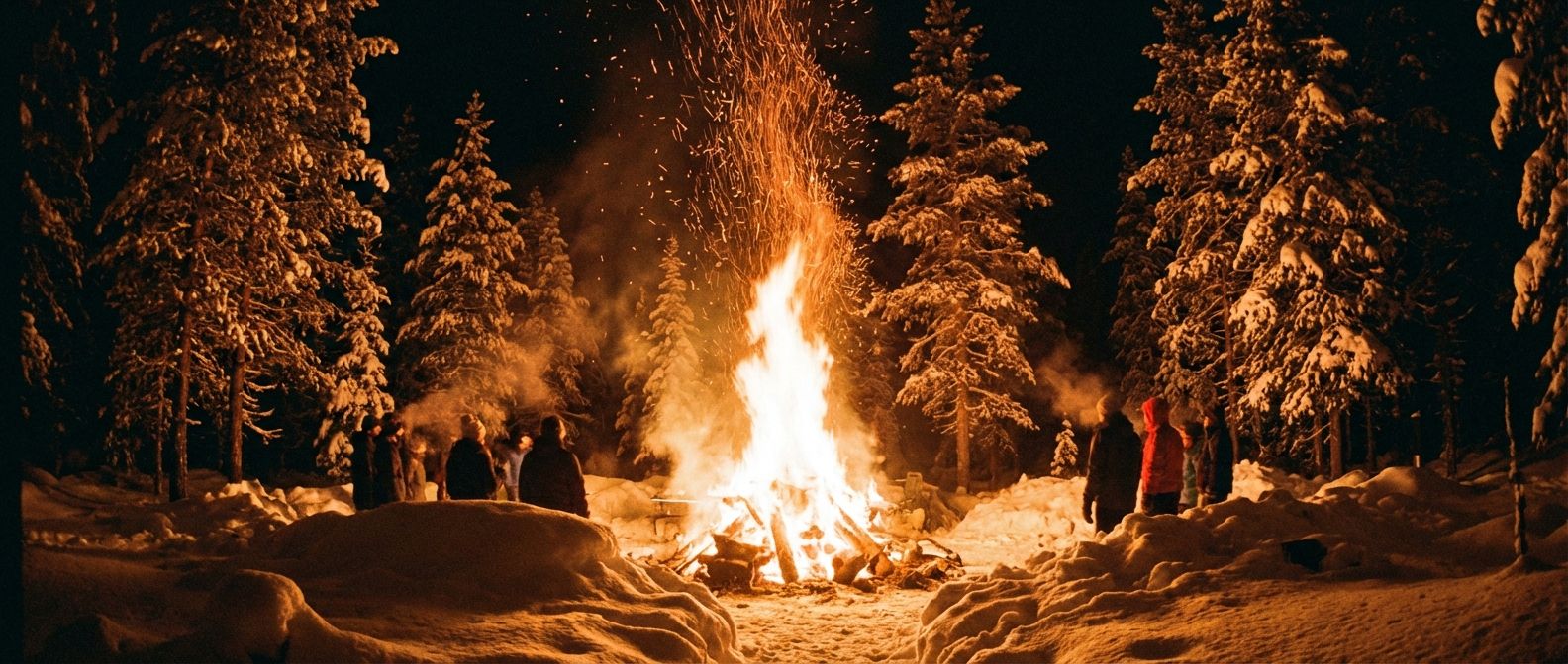 A dramatic wide-angle photograph of a roaring bonfire at night in a snowy forest. Intense flames and sparks fly upwards, casting warm, orange light onto the surrounding dark trees and glistening snow, evoking both intense heat release and the stark contrast with cold surroundings.