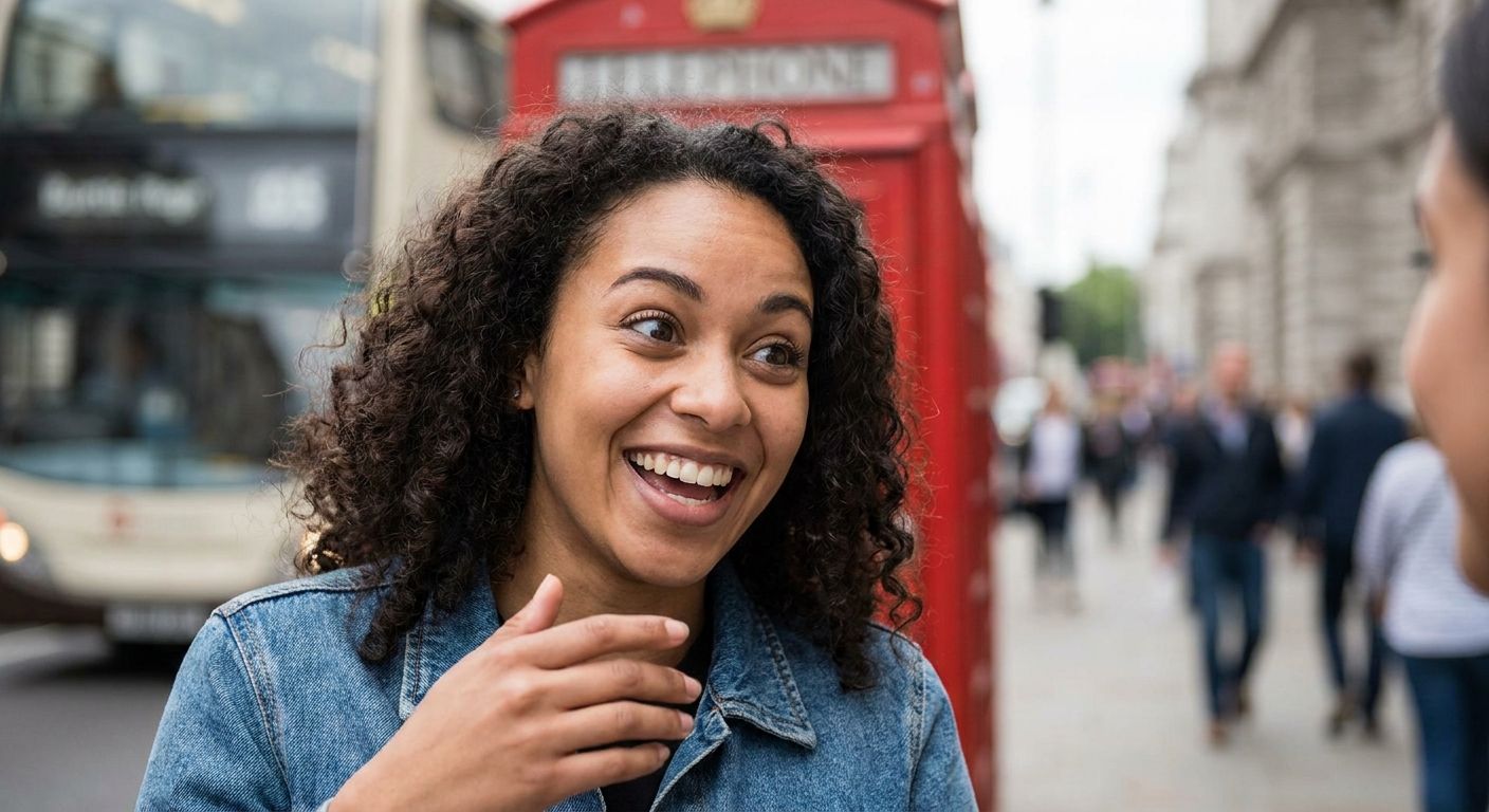 A vibrant, dynamic close-up photograph of a young person with a confident smile, mid-sentence in a lively conversation, with the iconic red British telephone booth and a blurred London street scene in the background. The focus is on their expressive face, conveying the joy of clear and natural communication.