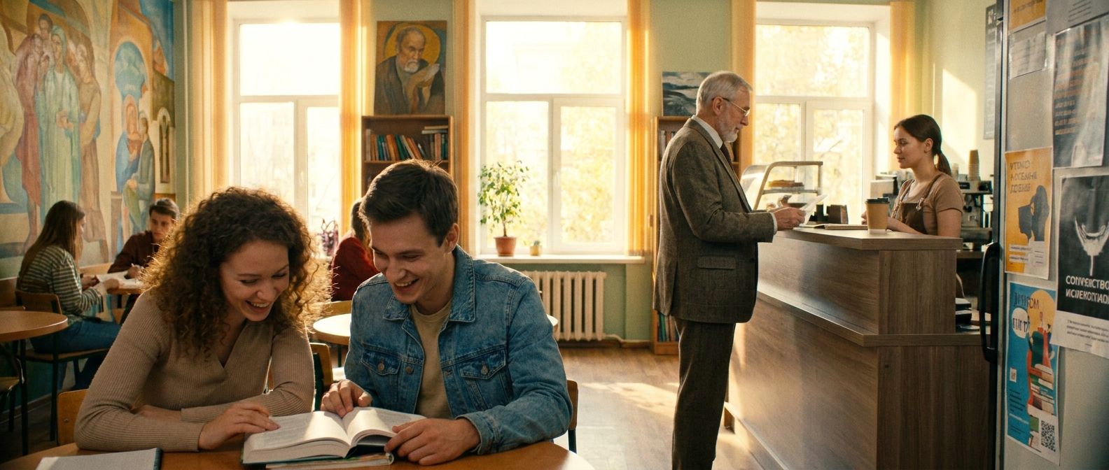A wide-angle, sun-drenched photograph inside a vibrant Russian university cafe. In the foreground, two young students lean in close, laughing animatedly over a shared textbook, their relaxed posture conveying informal address. In the mid-ground, an older, formally dressed professor engages politely with a barista at the counter, maintaining a clear, respectful distance, all bathed in warm, inviting light.