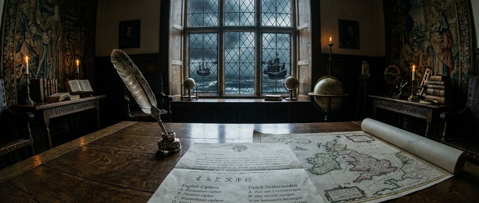 A wide, dramatic photograph inside a richly detailed, dimly lit Elizabethan study. On a heavy wooden table in the foreground, an ornate quill lies beside a partially deciphered coded letter and a rolled map of England and the Netherlands. Through a large, leaded window in the background, a stormy, dark sea is visible, with the faint silhouettes of several large sailing ships on the horizon, hinting at an approaching fleet.