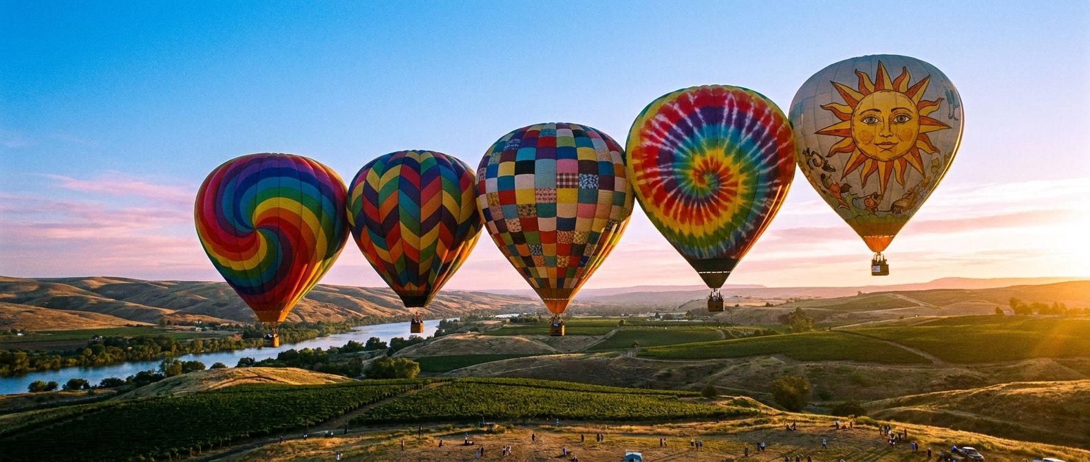 A vibrant, wide-angle photograph of five colorful hot air balloons, perfectly aligned in a row as they ascend into a clear blue sky at dawn, creating a sense of pattern and progression.