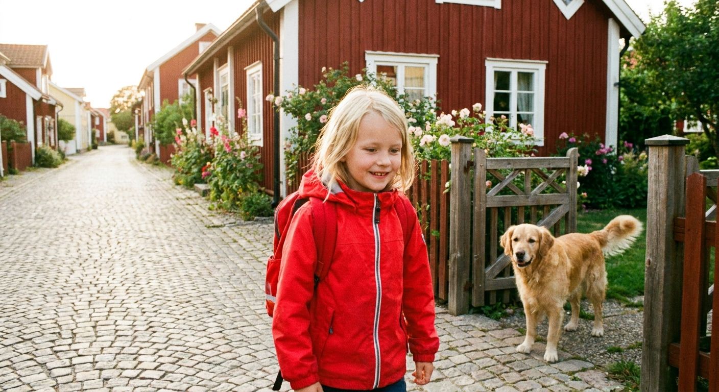 A vibrant photograph of a young Swedish girl in a bright red jacket, carrying a matching red backpack, walking along a sunlit cobblestone street lined with classic red and white wooden houses. A friendly dog watches her from a garden gate, capturing a charming everyday scene in a Swedish town.