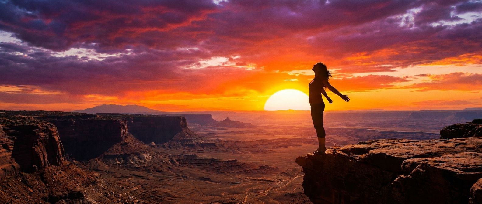 A vibrant photograph of an individual, silhouetted against a dramatic sunset, standing at the edge of a vast, open landscape with arms slightly outstretched, embodying a feeling of freedom and boundless future possibilities. The wide, horizontal composition emphasizes empowerment and potential.