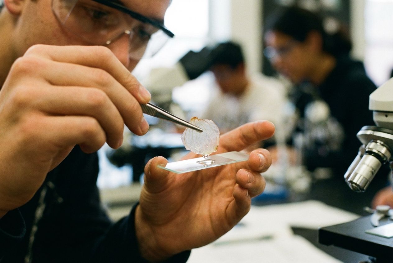 A close-up photograph of a student carefully preparing a microscope slide of a thin, translucent onion skin sample, illuminated by the bright light of a laboratory, with the focus on the delicate process of cell observation.
