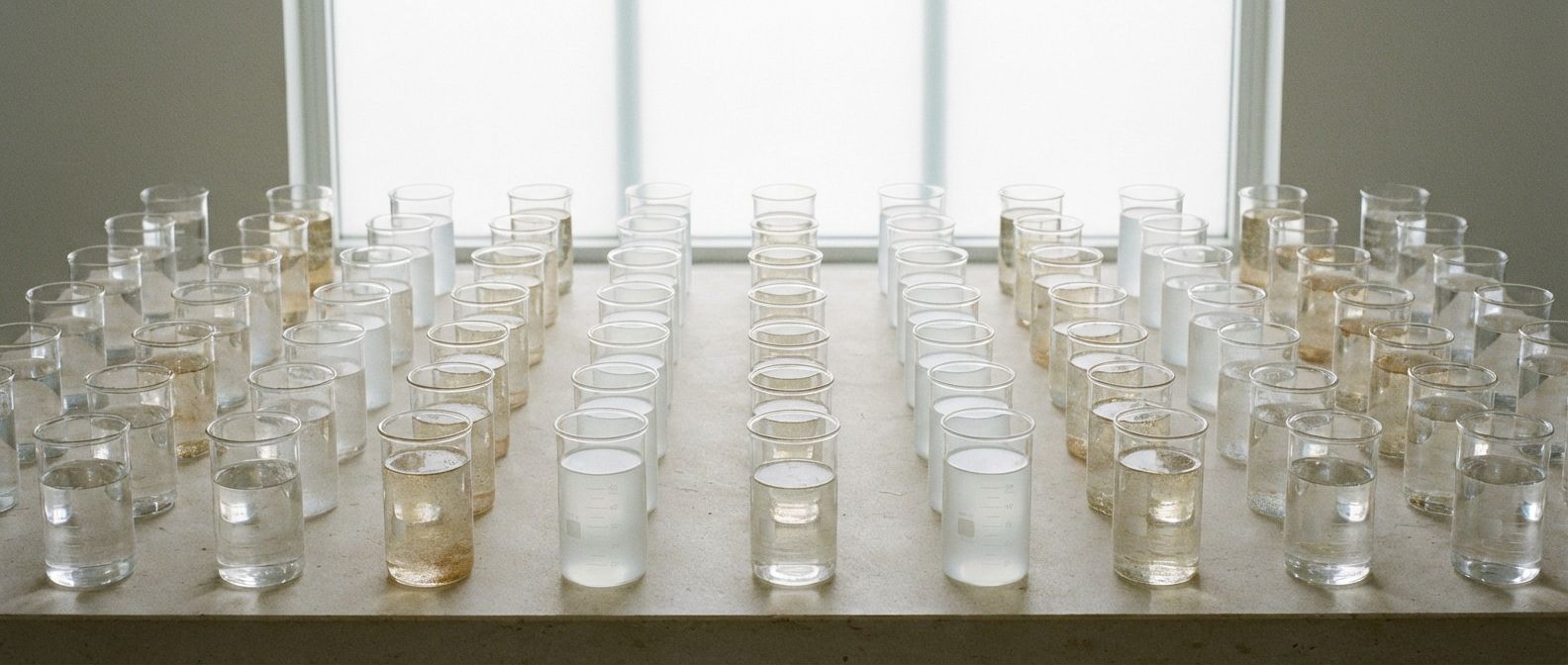 A wide, horizontal photograph of several perfectly identical, minimalist glass vessels of varying sizes, some containing clear liquids with subtly different concentrations of fine, shimmering particles, others appearing empty but with a barely perceptible, uniform, ethereal glow within, all meticulously arranged on a clean, light-coloured surface under soft, diffused light, emphasizing precision and the concept of quantifiable matter in defined spaces.