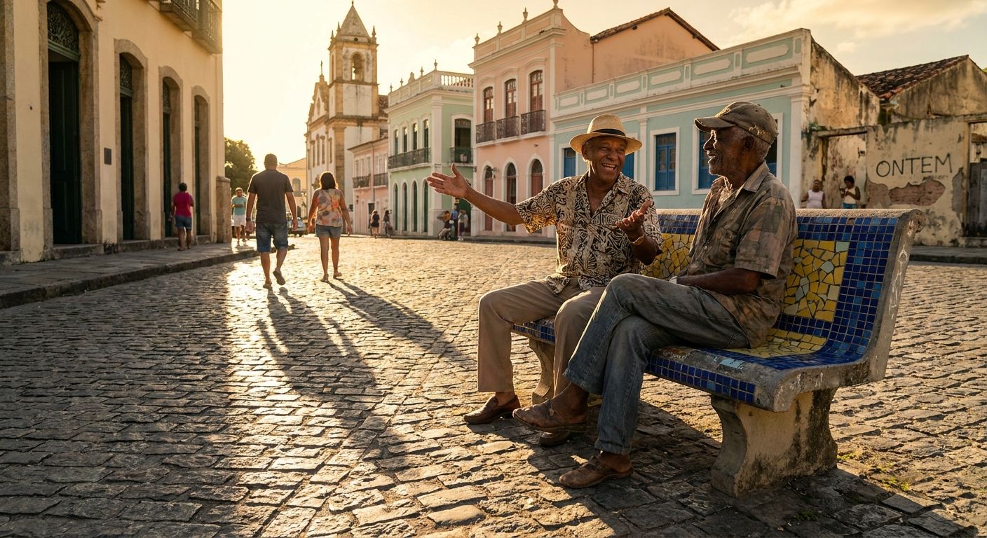 A vivid, cinematic photograph of two Brazilian friends engaged in animated conversation, sitting on a colorful tiled bench in a historic square in Olinda, Pernambuco. The late afternoon sun casts long, dramatic shadows across the cobblestones, evoking the sense of completed conversations and shared moments from "yesterday."