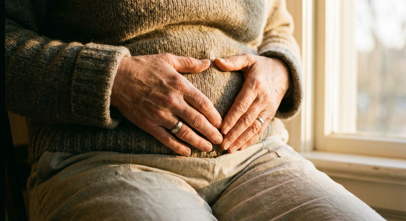 A close-up, warm photograph of a person's hands gently resting on their stomach, bathed in soft, natural light, conveying a sense of calm and introspection.