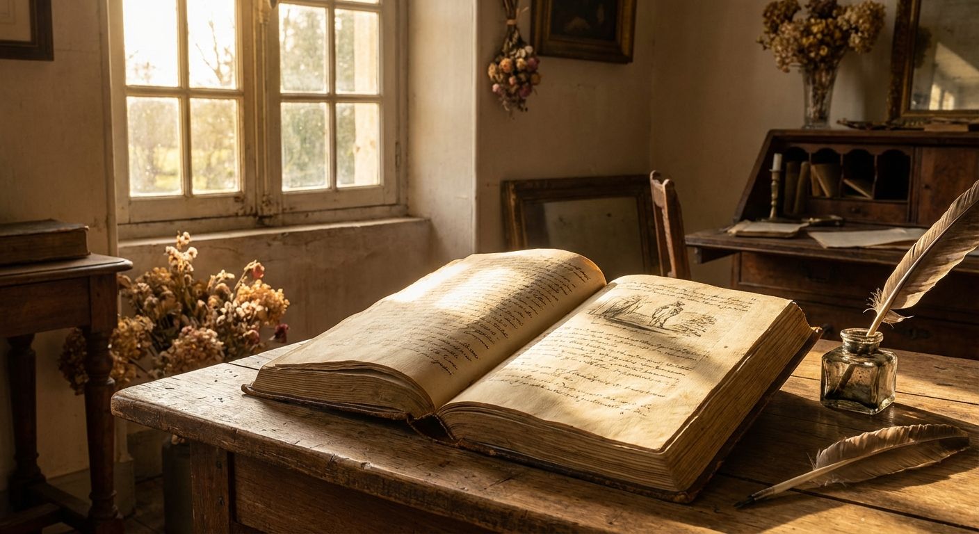 This image evokes a sense of historical authenticity with a painterly style. The color palette leans towards warm, muted earth tones, dominated by browns, beiges, and creams, with the brightest light coming from a window. The scene is a rustic, antique-filled room.

The focal point is an open, aged book on a wooden table. The pages of the book are filled with handwritten text and illustrations, suggesting a diary or journal. A quill pen rests in an inkwell beside the book, and another quill lays nearby. The composition is centered on these elements, with other items in the background for context, like a desk, old books, and dried flowers. The lighting is soft and diffused, creating a warm, inviting atmosphere.