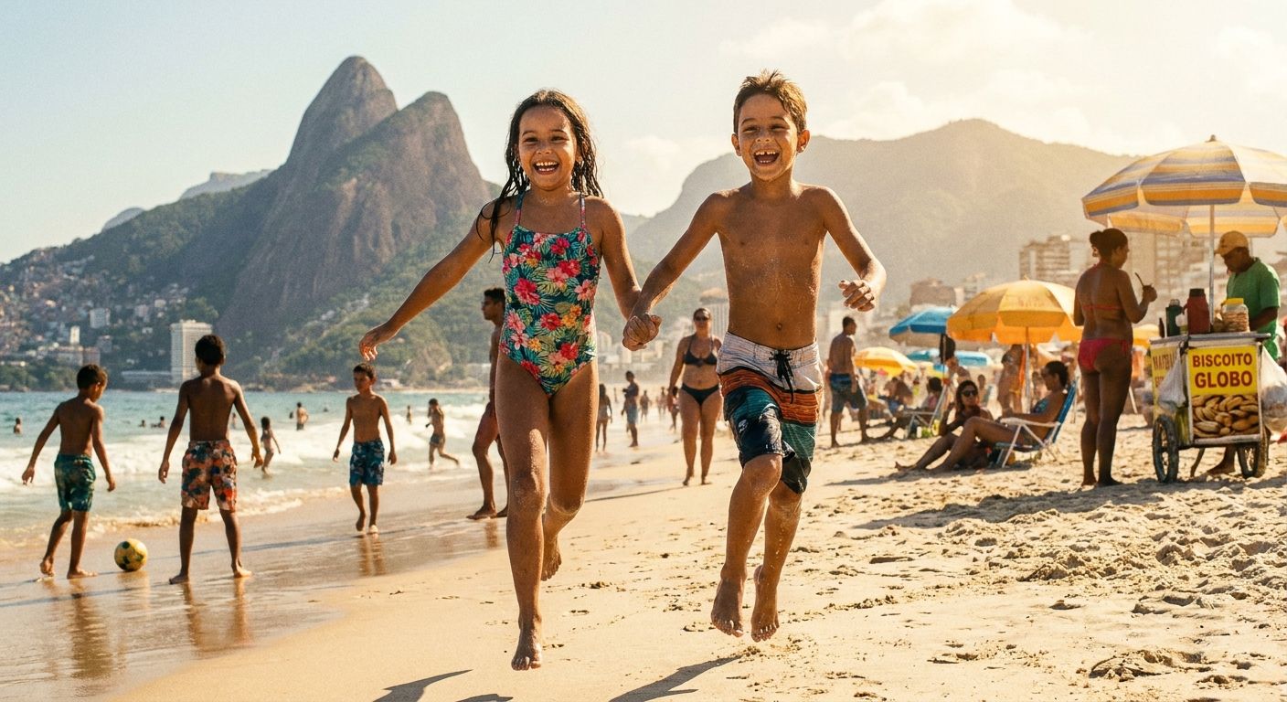 A candid, vibrant photograph of a Brazilian boy and girl laughing and playing on a sunny beach in Rio de Janeiro, with the iconic Sugarloaf Mountain in the background. The scene is full of life, with other children and beachgoers enjoying the day, illustrating the dynamism of a Brazilian community.