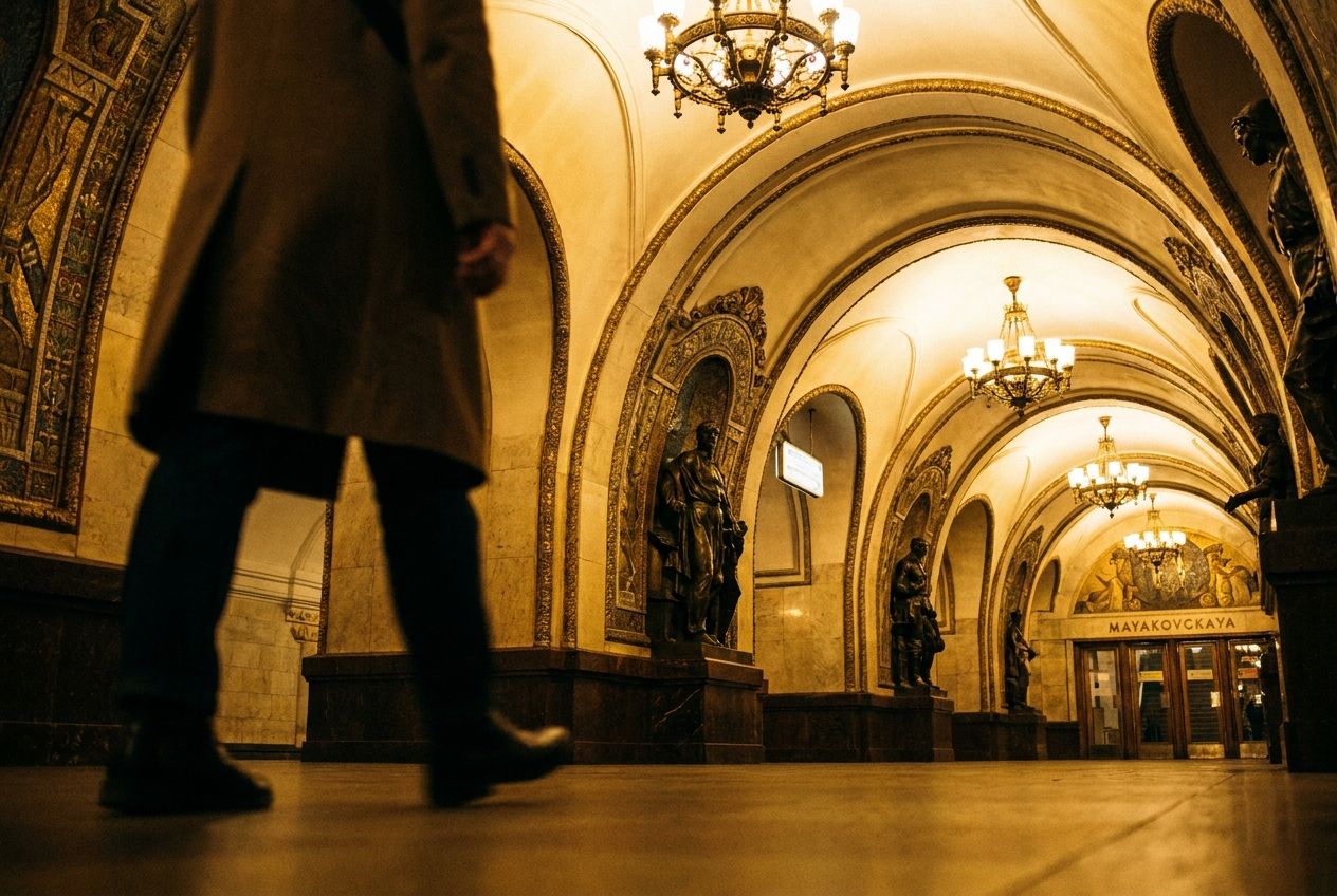 A striking, low-angle photograph of a person stepping into the grand, ornate entrance of a Moscow Metro station, emphasizing the dramatic architectural details and the sense of movement towards an enclosed space. The scene is bathed in warm, editorial light, with deep shadows creating a vivid contrast, composed for a 3:2 landscape frame.
