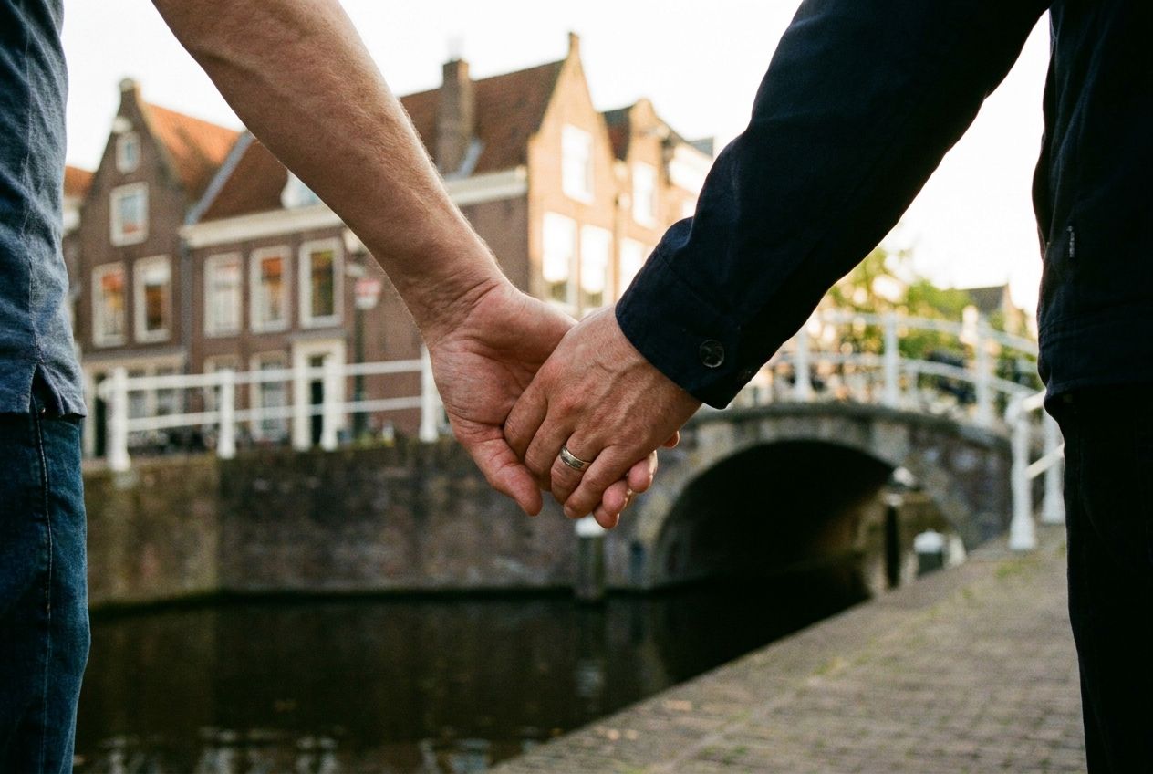 A warm, candid photograph of two people walking hand-in-hand along a scenic canal in a historic Dutch city. The shot focuses on their clasped hands, symbolizing connection, with traditional gabled houses and a bicycle bridge softly blurred in the background during late afternoon light, capturing a sense of strolling and togetherness in a 3:2 landscape frame.