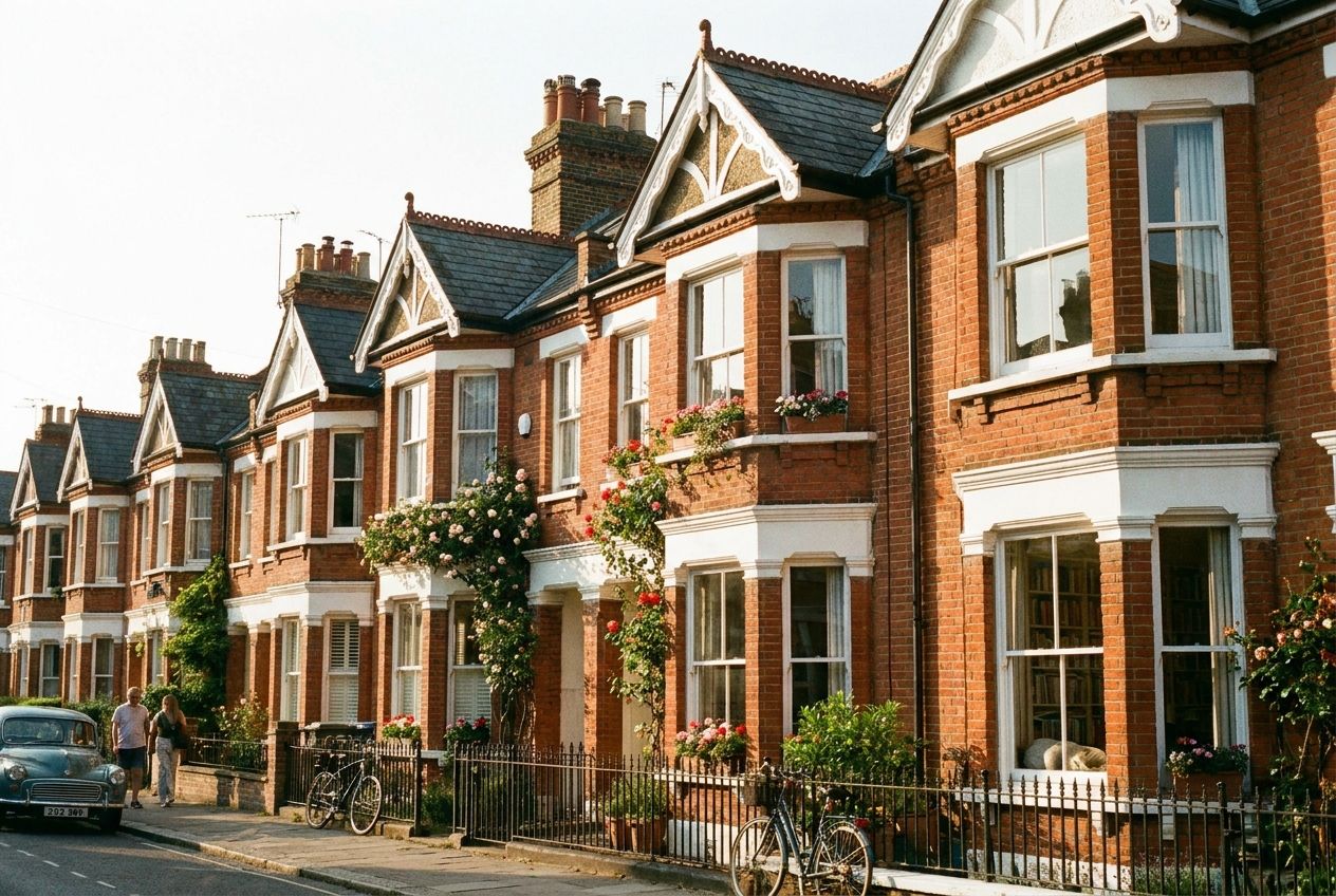 A charming row of classic red brick terraced houses lines a quaint British street, bathed in the soft glow of an afternoon sun, with intricate architectural details visible. The scene evokes a sense of cozy domesticity, hinting at the living spaces within, captured in a vivid 3:2 landscape photograph.