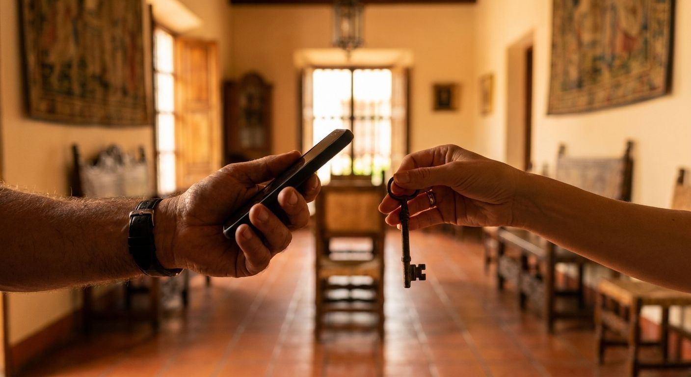 A dramatic, close-up photograph of two hands, one distinctly male and one distinctly female, gently reaching towards each other. The male hand holds a modern smartphone, while the female hand delicately holds an antique, ornate key. The background is a softly blurred, warm Spanish interior, bathed in natural light.