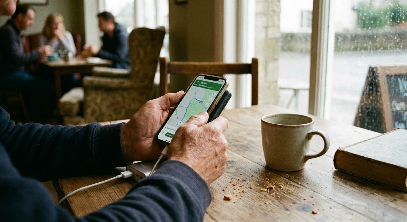 A close-up, candid photograph captures a person's hands holding a smartphone connected to a charger, resting on a rustic wooden table. The scene is set in a warm, inviting British cafe, with soft natural light illuminating the cozy atmosphere and blurred background elements of daily life.