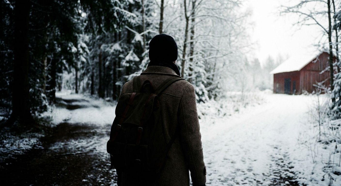 A lone figure, seen from behind, stands at a fork in a snow-covered forest path in rural Sweden. One path leads off into deeper woods, and the figure is clearly turning away from it, silhouetted against soft, diffused winter light, conveying a sense of quiet decision and deliberate absence.