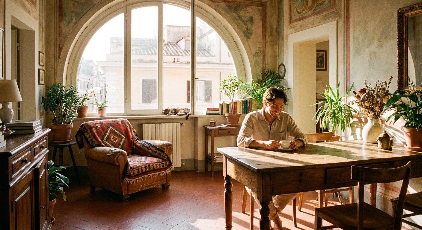 A vibrant, sun-drenched living room in a traditional Italian apartment, with warm morning light streaming through a large window. A cozy armchair draped with a soft, patterned blanket sits invitingly, while a person enjoys a cup of coffee at a nearby table, capturing a peaceful domestic scene.