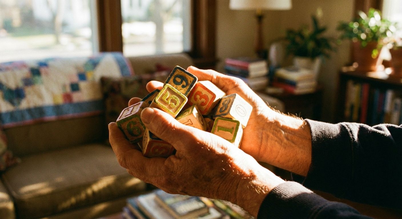 The image has a warm, nostalgic feel, reminiscent of an old photograph. The primary focus is on two hands holding a collection of vintage wooden alphabet blocks, bathed in warm sunlight. The background is a blurred interior of a cozy living room, featuring a couch with a colorful quilt, a bookshelf, and potted plants. The color palette consists of warm yellows and oranges, complemented by blues, greens, and reds from the blocks and surrounding room. The composition is a close-up, emphasizing the texture of the hands and the details of the aged blocks. The style leans toward realism, with a soft focus that adds to the sentimental mood.
