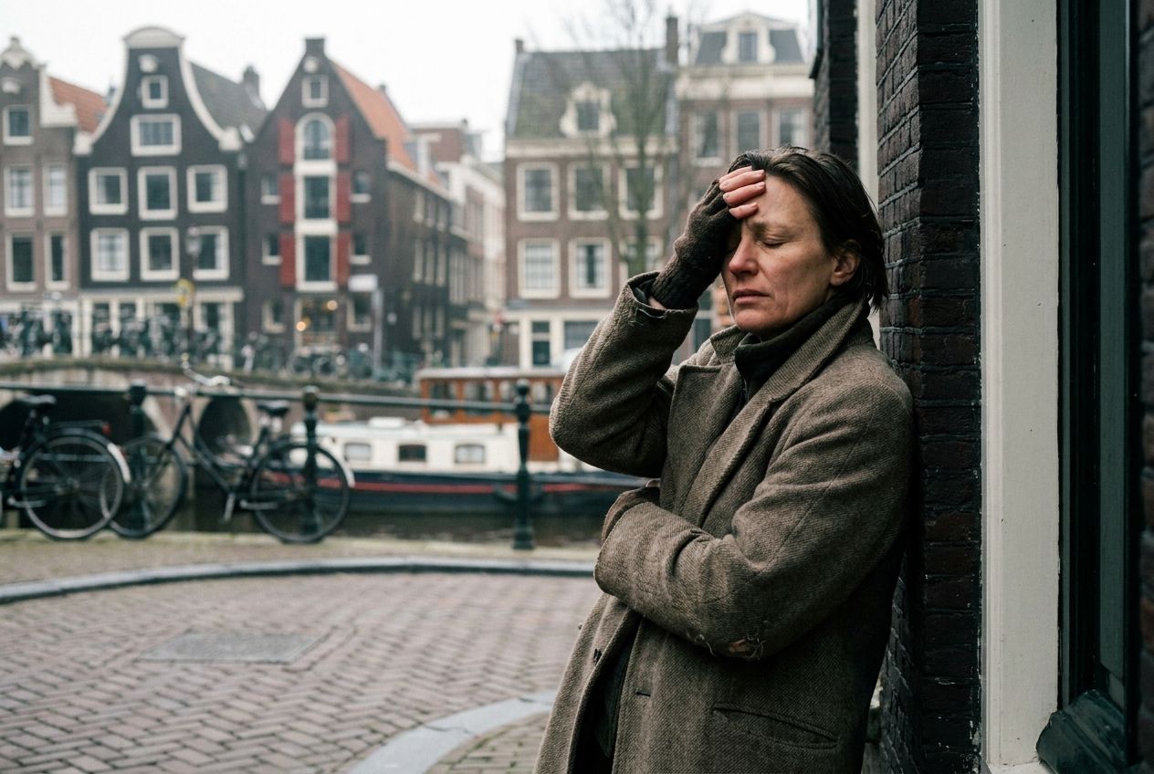 A striking, cinematic photograph of an adult person leaning against a traditional Dutch canal house in a charming Amsterdam street. Their eyes are subtly closed and a hand gently rests on their forehead, conveying a feeling of mild dizziness or a throbbing headache. The scene is bathed in soft, natural light, with blurred bicycles and a canal in the background, composed for a 3:2 landscape frame.