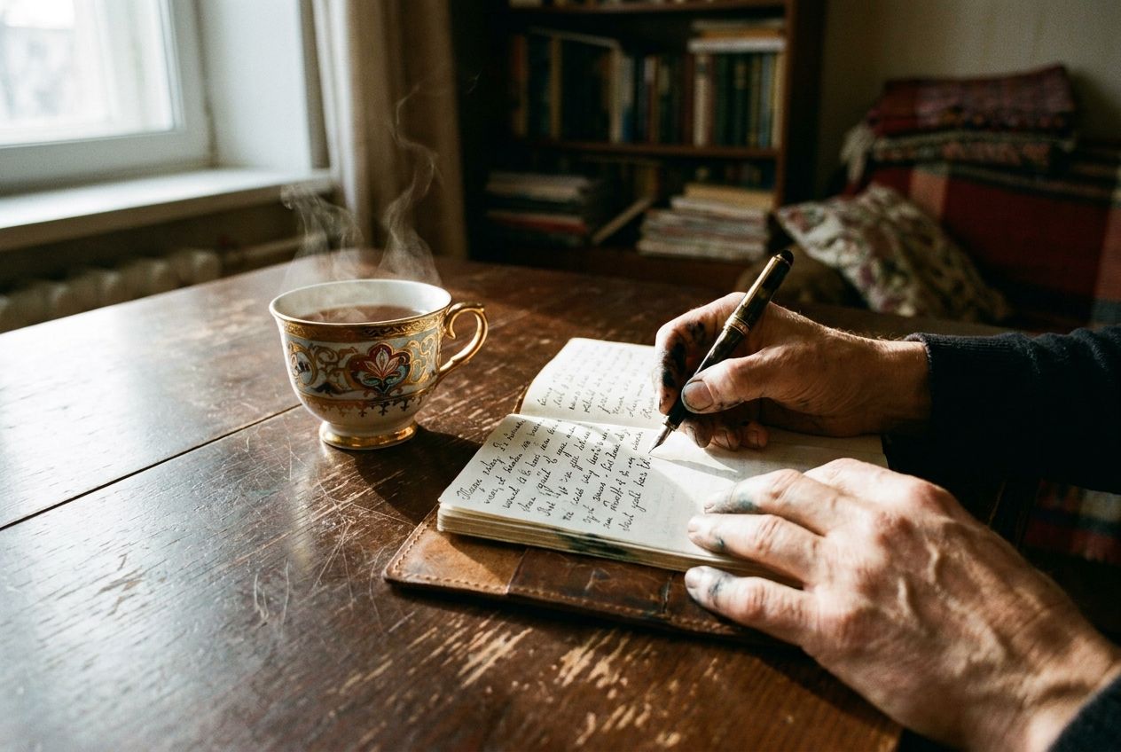 An intimate, top-down close-up photograph of hands writing in a well-worn leather journal, next to a steaming, ornate Russian teacup on a dark wooden table. Soft, warm light from a nearby window casts gentle shadows, with a subtly blurred background suggesting a cozy, lived-in Russian apartment, composed for a 3:2 landscape frame.