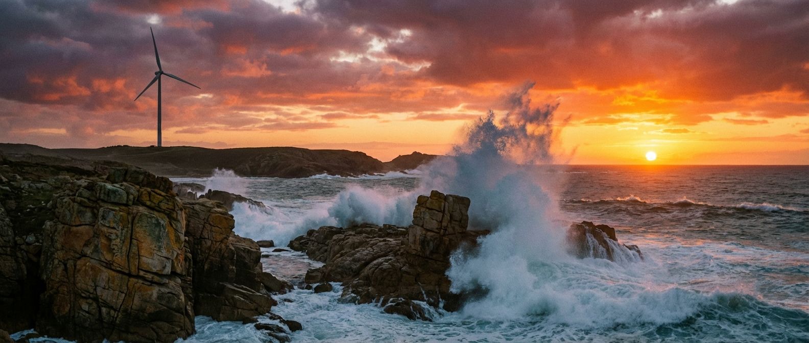 A dramatic wide-angle photograph of a rugged coastline at sunset. Powerful ocean waves crash against ancient rock formations, while a single, elegant wind turbine stands silhouetted in the distance against a vibrant, fiery sky, symbolizing the harnessing of vast natural energy.