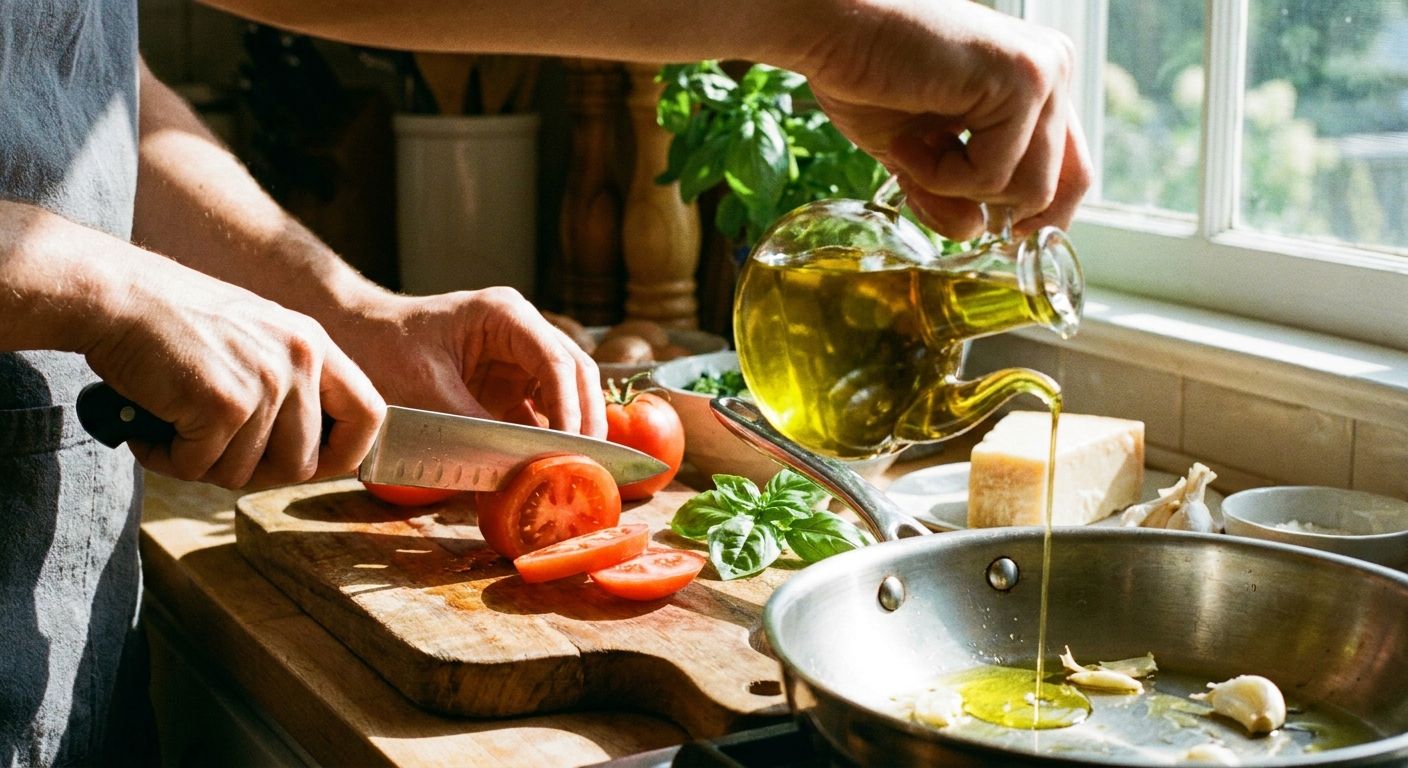 A close-up, vibrant photograph of hands actively preparing a simple Italian dish in a sunlit kitchen. One hand is delicately slicing a ripe red tomato on a rustic wooden cutting board, while the other is drizzling olive oil from a traditional bottle into a pan, with fresh basil leaves and parmesan cheese visible in the background.