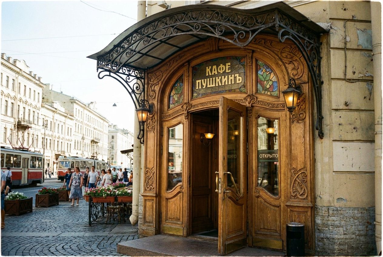 A close-up, eye-level photograph of the charming, ornate entrance of a small, inviting cafe in a historic Russian city. Detailed architectural features and Cyrillic signage are visible, with warm light illuminating the scene, hinting at a bustling main street in the background. Shot on a bright day, 3:2 landscape.