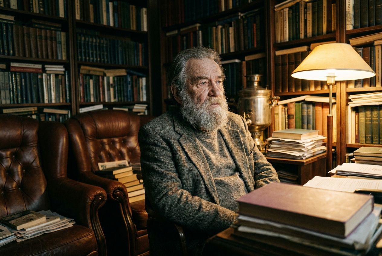 A close-up, editorial photograph captures a distinguished Russian man, resembling a writer or scholar, seated in a dimly lit, richly textured traditional study. He gazes thoughtfully into the middle distance, his contemplative expression illuminated by a soft, warm light from the side, emphasizing his features and the intricate details of his surroundings, composed for a 3:2 landscape frame.