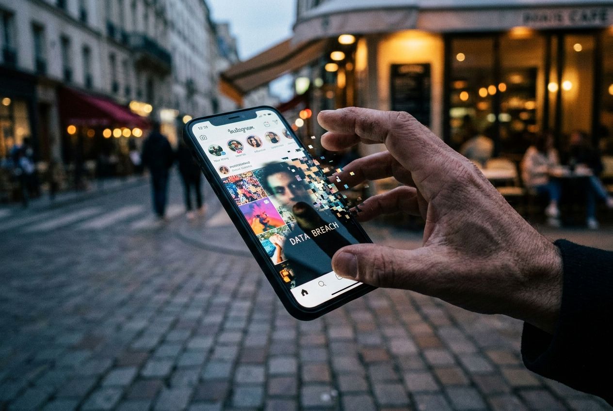 A close-up, dramatic photograph of a hand reaching for a smartphone. The phone's screen glows brightly, displaying a vibrant social media feed, but a subtle, unsettling digital glitch or a faint, menacing shadow distorts part of the image, hinting at online risks. The setting is a softly blurred, modern Parisian cafe, composed for a 3:2 landscape frame.