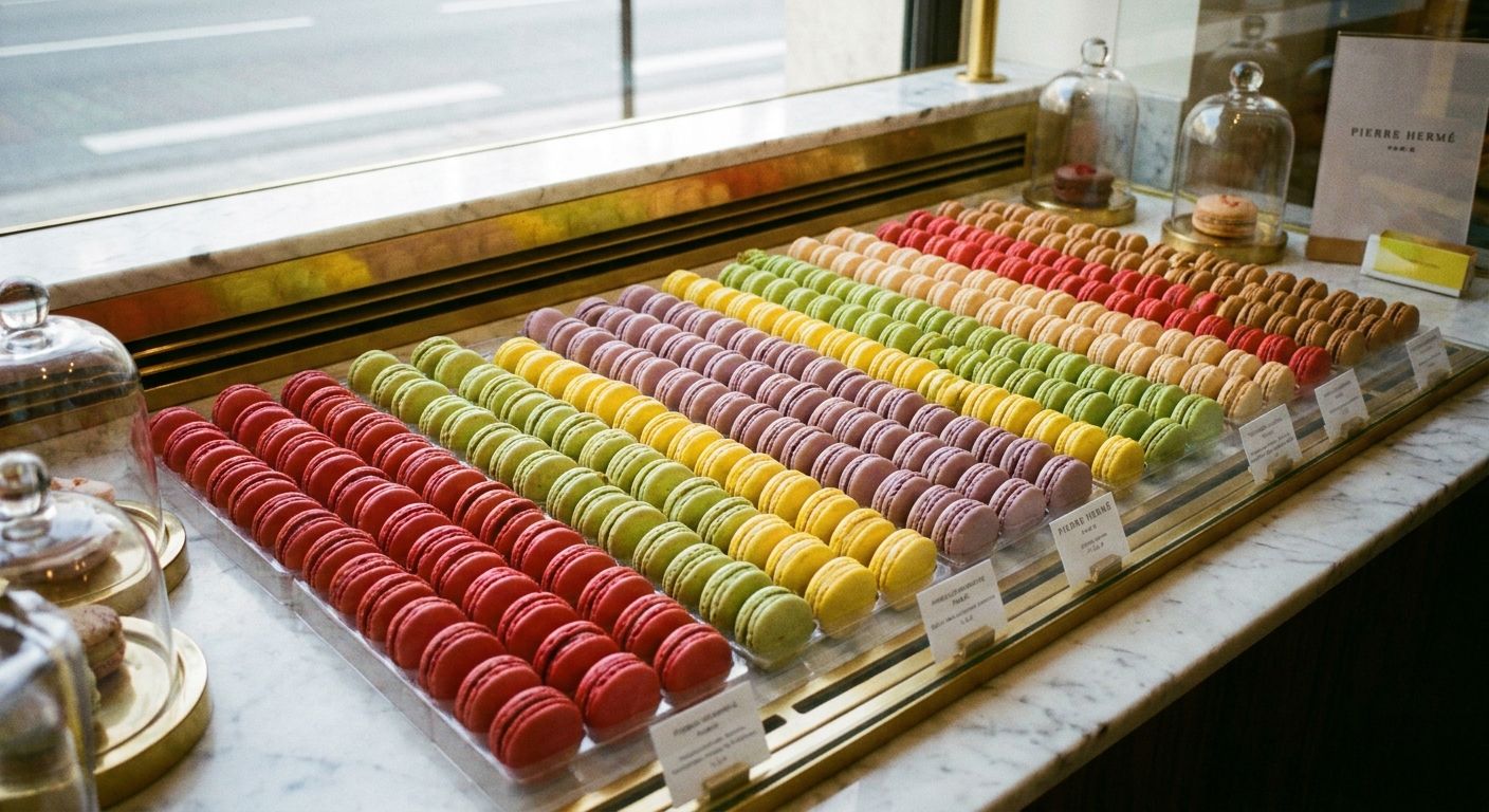 A stunning, high-angle close-up photograph of a meticulously arranged display of vibrant, colorful French macarons in a Parisian patisserie. Each delicate macaron is perfectly positioned in precise rows, evoking a sense of elegant order and mastery, captured with soft, inviting light.