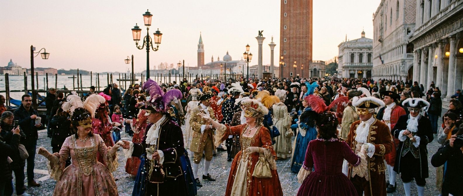 A vibrant, dramatic photograph of people in elaborate, traditional Venetian Carnival masks and baroque costumes, celebrating joyfully in a picturesque street or piazza in Venice, Italy. The scene is full of color and movement, captured in a wide, horizontal frame with soft, atmospheric lighting.