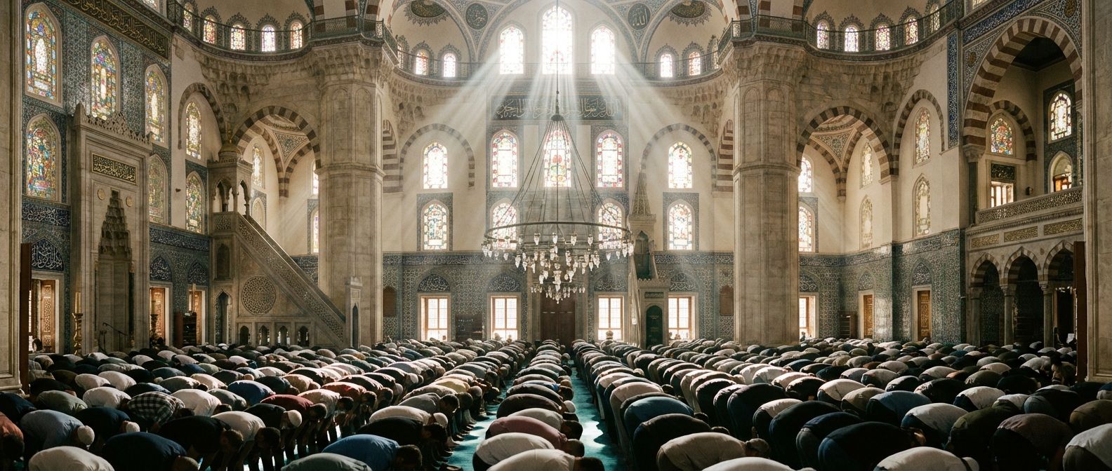 A wide-angle, dramatic photograph of the interior of a grand, ornate mosque, with sunlight streaming through high windows, illuminating rows of worshippers engaged in Salah (ritual prayer). The scene should evoke a sense of peace, community, and deep devotion in a vibrant, realistic style.