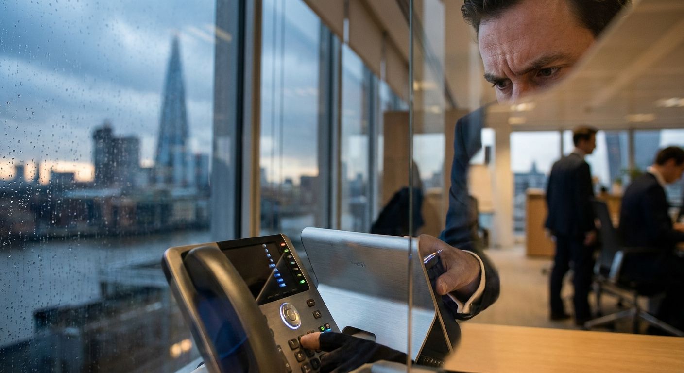 A dramatic close-up photograph of a professional's hand pressing buttons on a sleek, modern desk phone, with a focused expression on their face partially visible in a well-lit, contemporary British office. The background subtly features the London skyline through a large window, conveying efficient communication and connection.