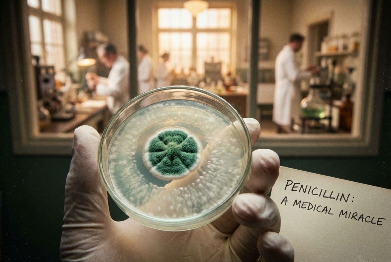 A dramatic, close-up, wide-angle photograph of a petri dish with vibrant green penicillin mould inhibiting bacterial growth, symbolizing a pivotal medical breakthrough. In the softly blurred background, a hopeful light illuminates a subtle outline of a busy 20th-century research lab, conveying the era of rapid scientific progress and life-saving discoveries, 3:2 landscape.