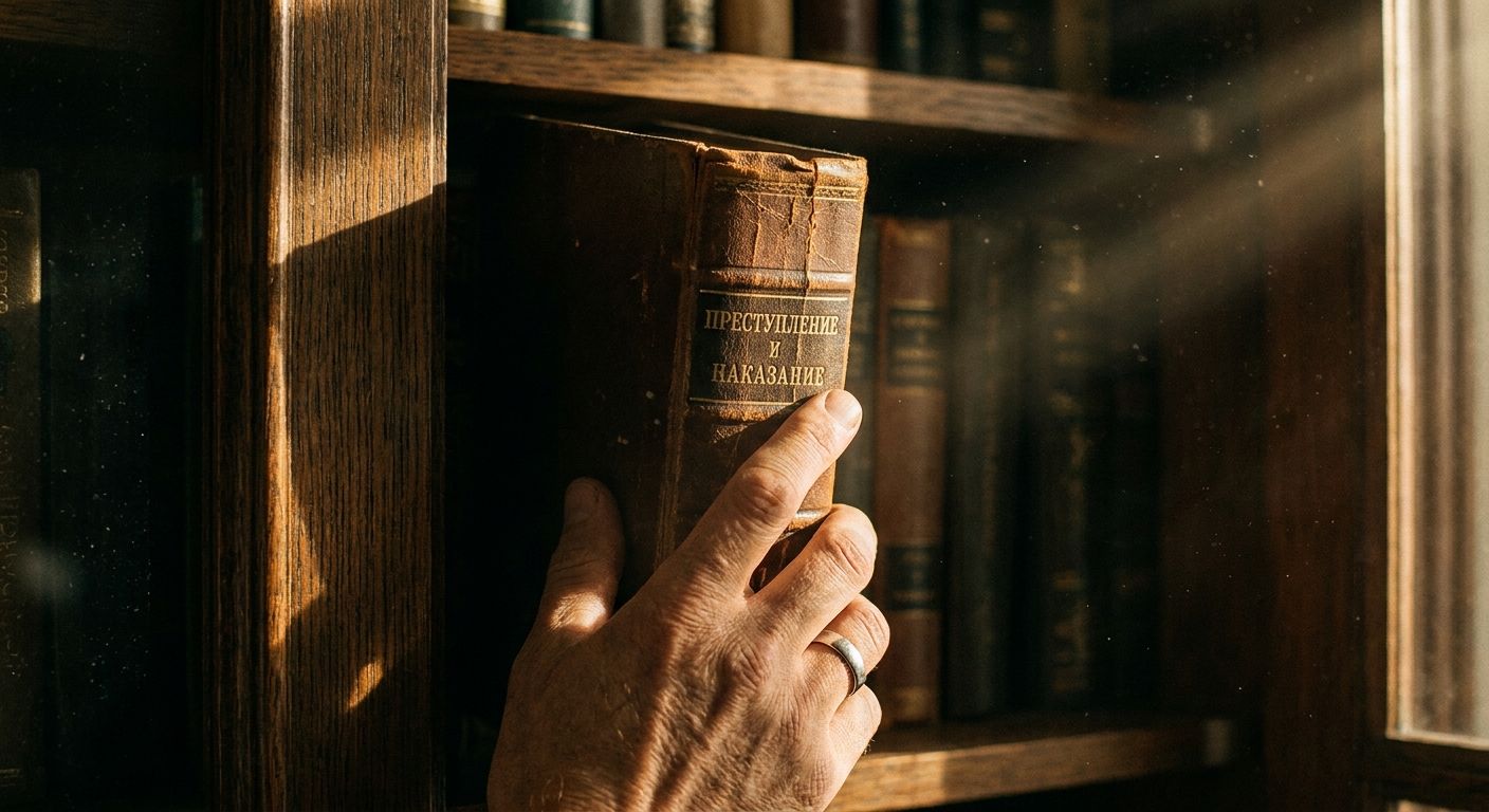 A close-up, art-directed photograph of a hand reaching out to grasp a worn, leather-bound Russian novel from a dark, antique wooden bookshelf. Shafts of warm, golden light cut through the shadows, highlighting the textured spine of the book and the eager gesture of the hand.
