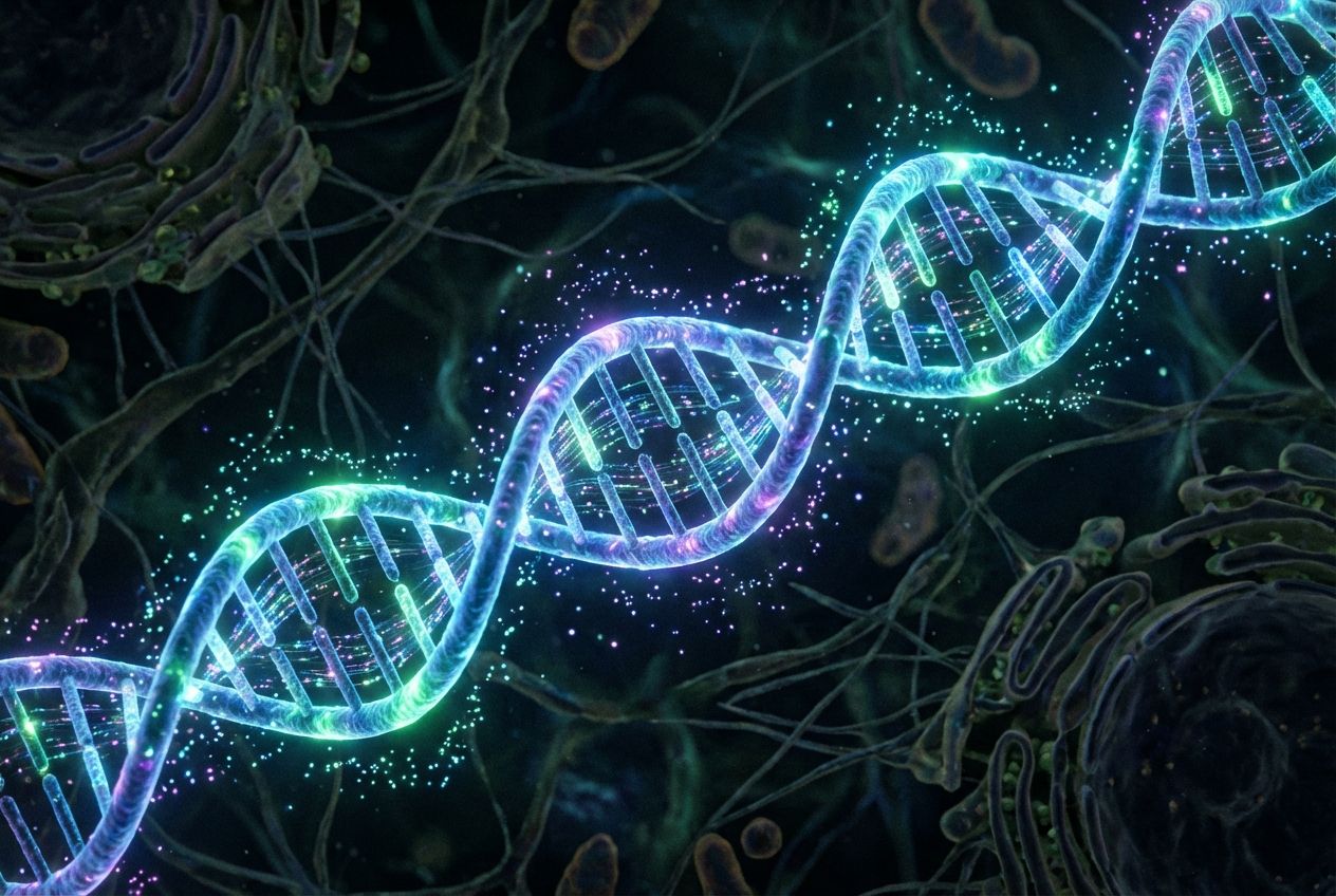 A macro photograph of a double helix made of glowing strands, suspended in a dark, cellular-like environment, with light particles resembling genetic information flowing around it.