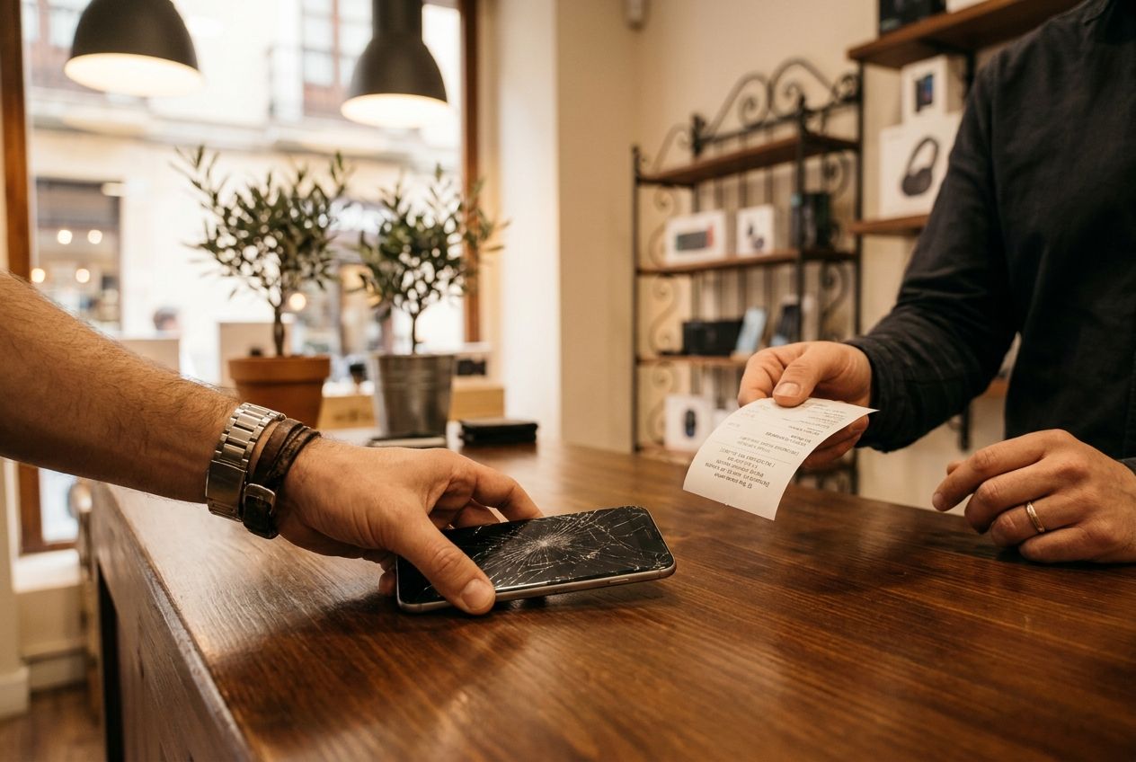 A close-up, dramatic photograph of a customer's hand placing a mobile phone with a cracked screen on a polished wooden counter in a stylish Spanish electronics shop. In the background, a shop assistant's hand is reaching out, holding a small receipt, ready to assist. The scene is well-lit, conveying professionalism and a calm atmosphere, composed for a 3:2 landscape frame.