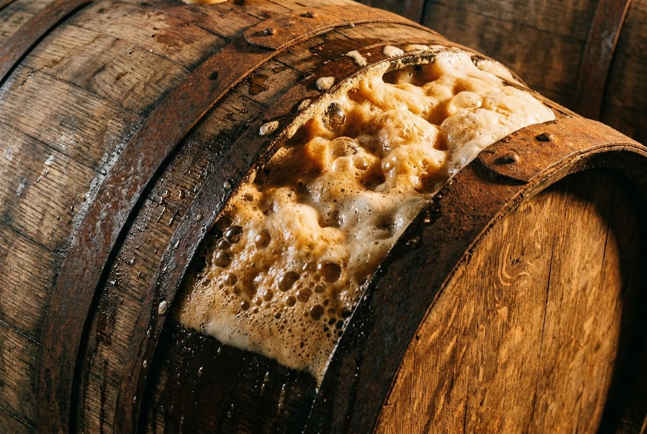 A dramatic, extreme close-up photograph of vigorous fermentation occurring in a large, rustic wooden barrel, with a rich, frothy layer of active yeast bubbles visibly transforming the liquid. Warm, ambient light highlights the organic textures and the hidden power of the biological process, composed for a 3:2 landscape frame.