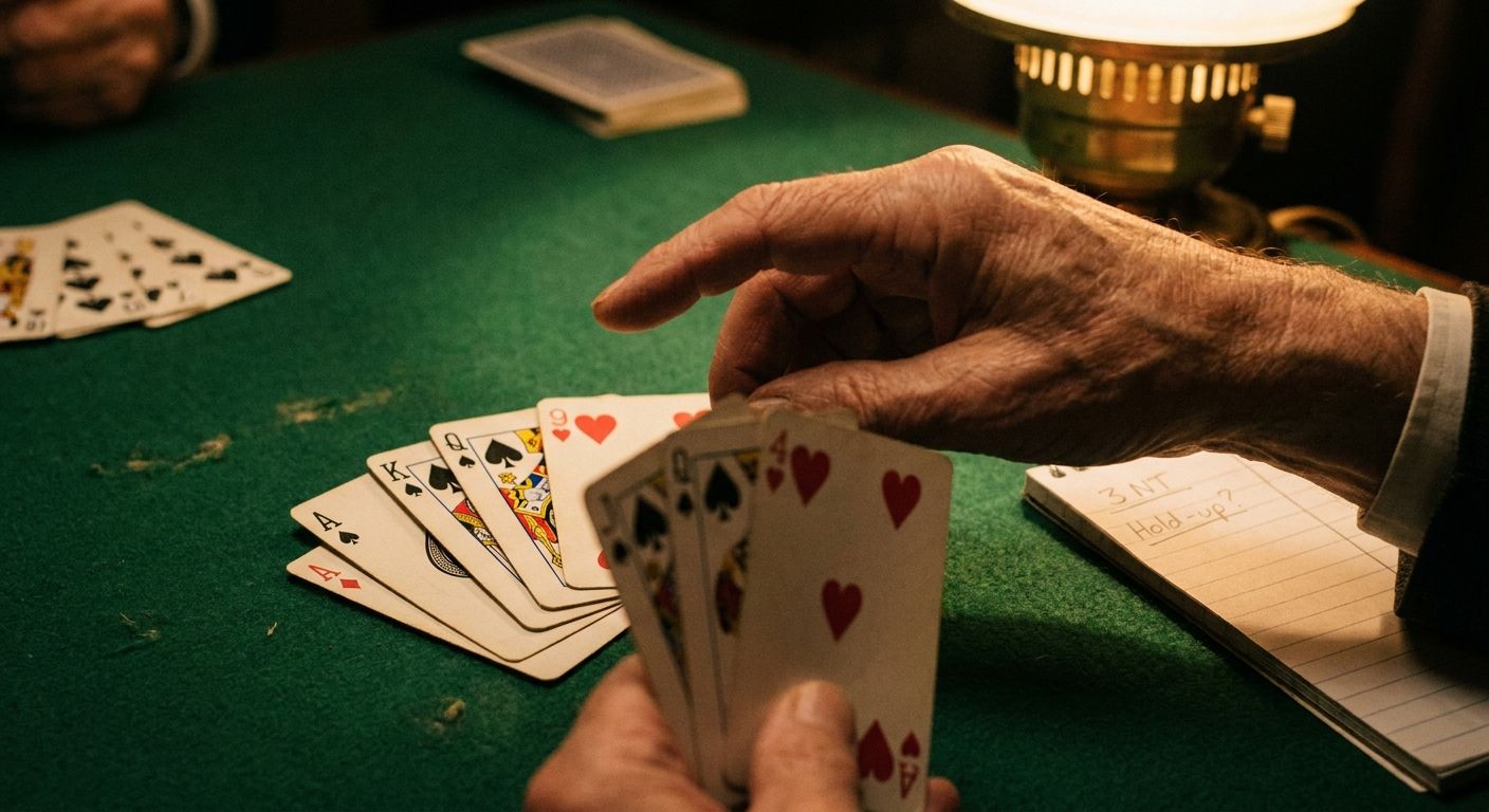 A dramatic, close-up photograph captures a person's hand poised thoughtfully above a set of bridge cards laid out on a green felt table. The scene emphasizes a moment of intense strategic deliberation during a No Trump contract, hinting at a 'hold-up play'. Elegant, sophisticated lighting highlights the details of the cards and the player's concentration.